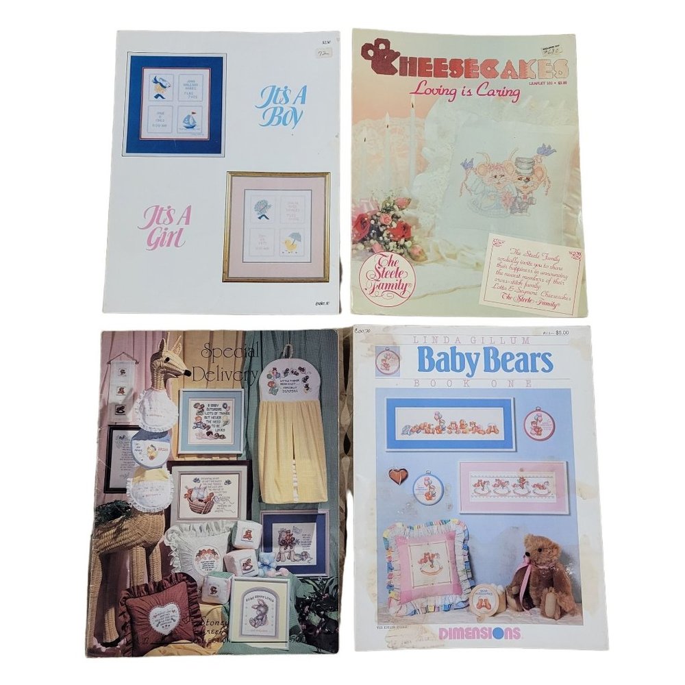 Needlepoint Cross Stitch Pattern Booklets Babies Boy Girl Mice Bears Lot OF 4